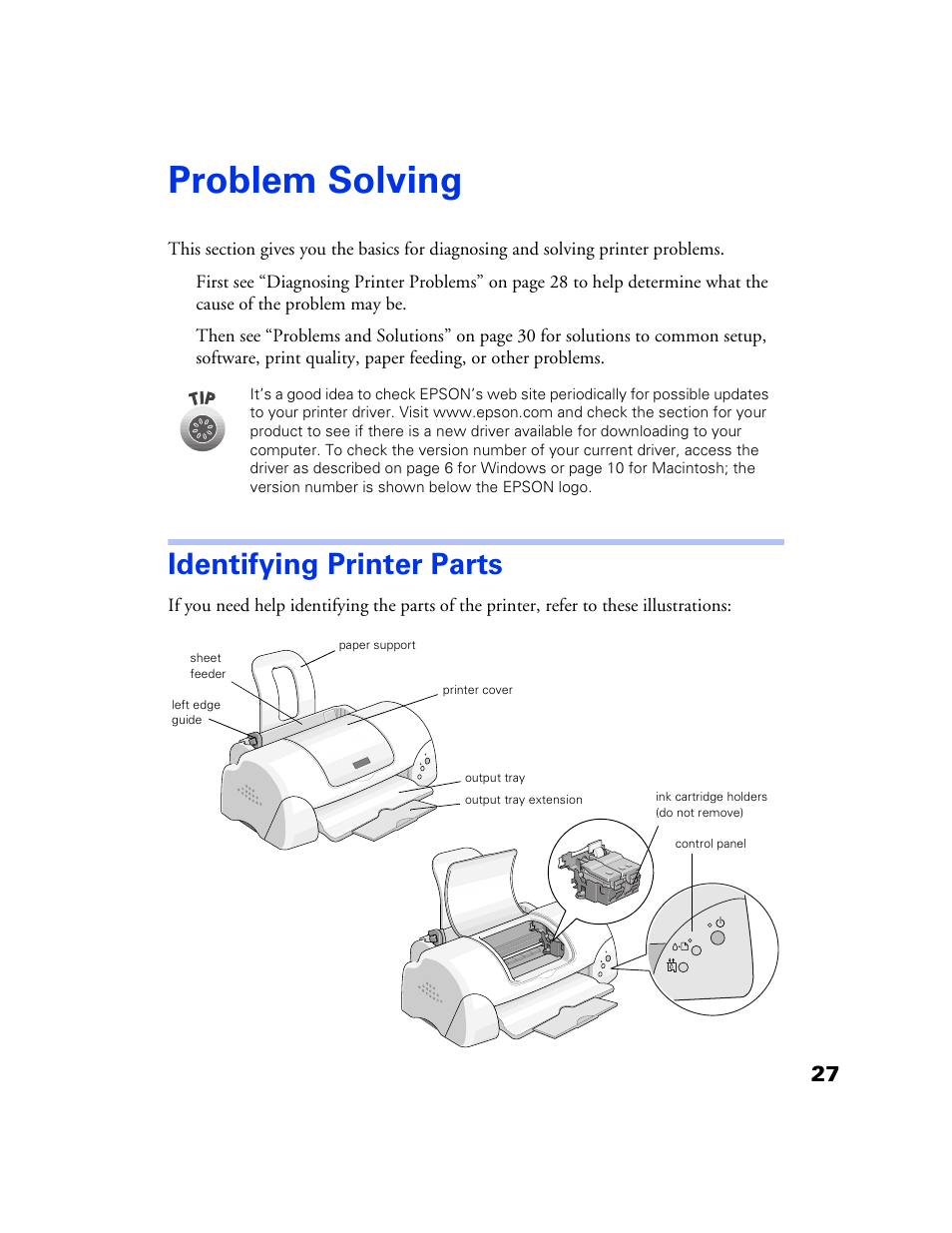 Problem solving, Identifying printer parts | Epson 777 User Manual | Page 31 / 53