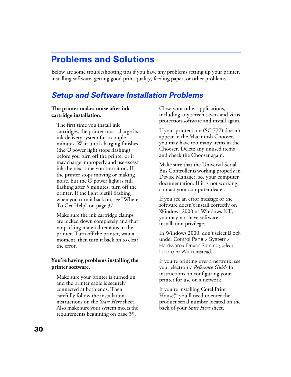 Problems and solutions, Setup and software installation problems, Ns in “problems and solutions” beg | Epson 777 User Manual | Page 34 / 53