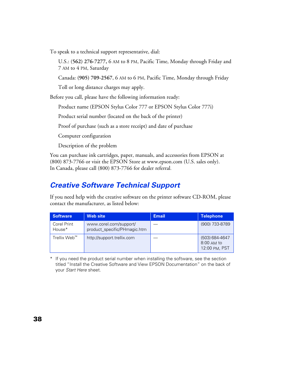 Creative software technical support | Epson 777 User Manual | Page 42 / 53