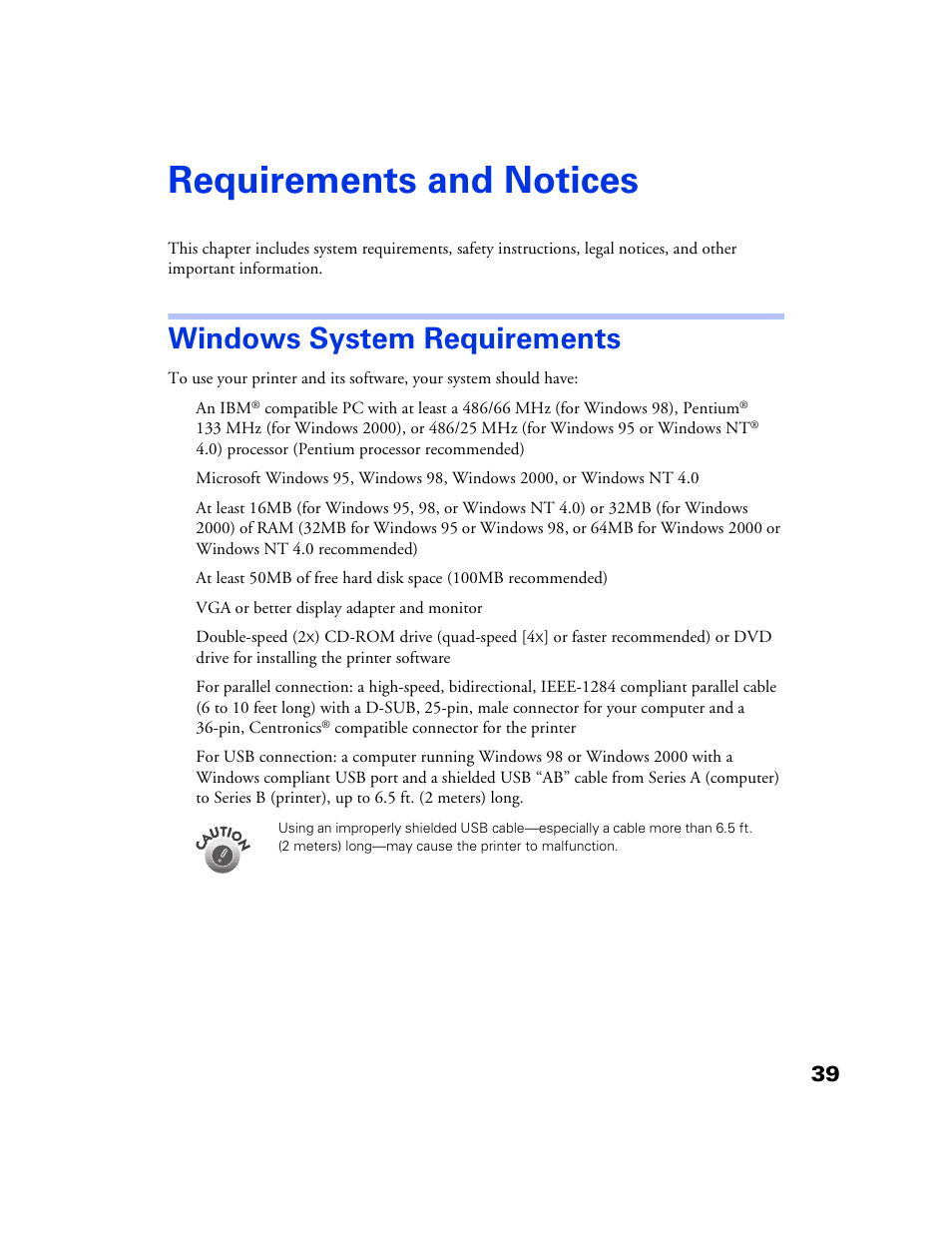 Requirements and notices, Windows system requirements | Epson 777 User Manual | Page 43 / 53