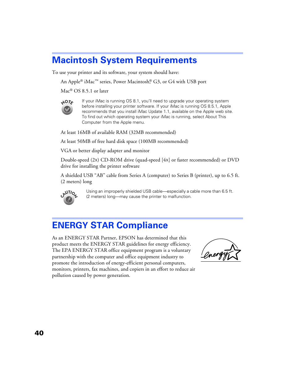 Macintosh system requirements, Energy star compliance, Age 40 | Age 40. then try, Compliance, Nergy | Epson 777 User Manual | Page 44 / 53