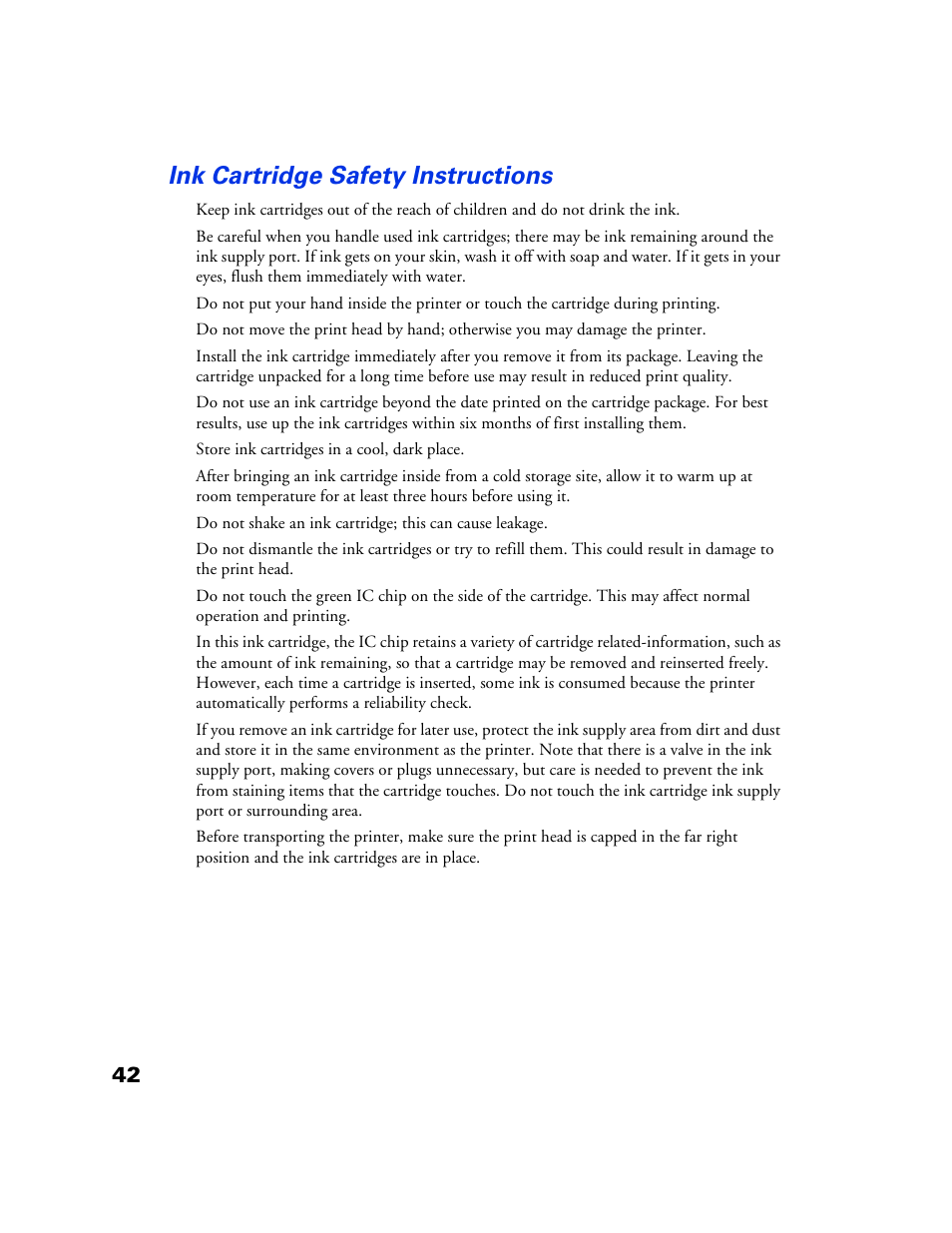 Ink cartridge safety instructions | Epson 777 User Manual | Page 46 / 53