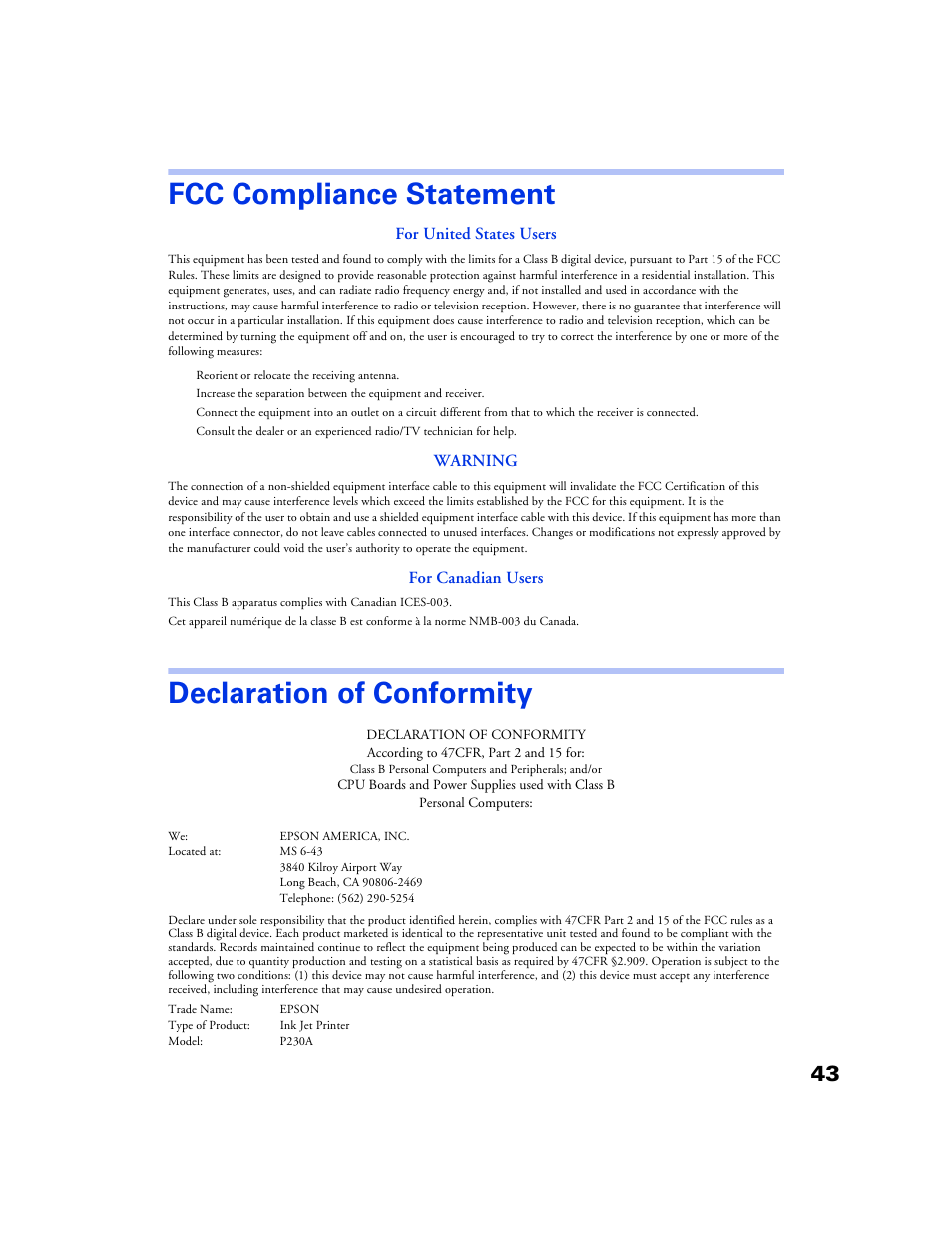 Fcc compliance statement, For united states users, Warning | For canadian users, Declaration of conformity | Epson 777 User Manual | Page 47 / 53