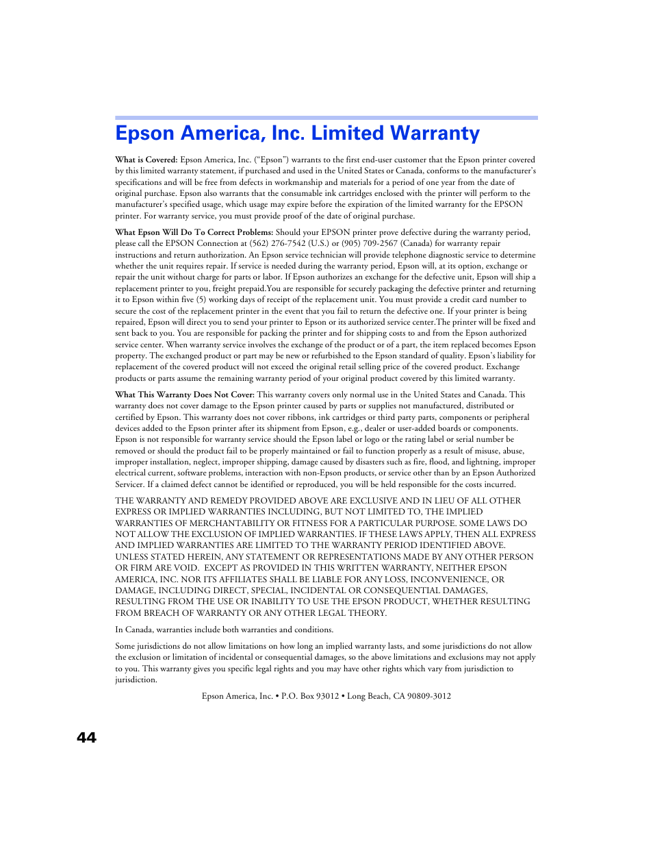 Epson america, inc. limited warranty | Epson 777 User Manual | Page 48 / 53