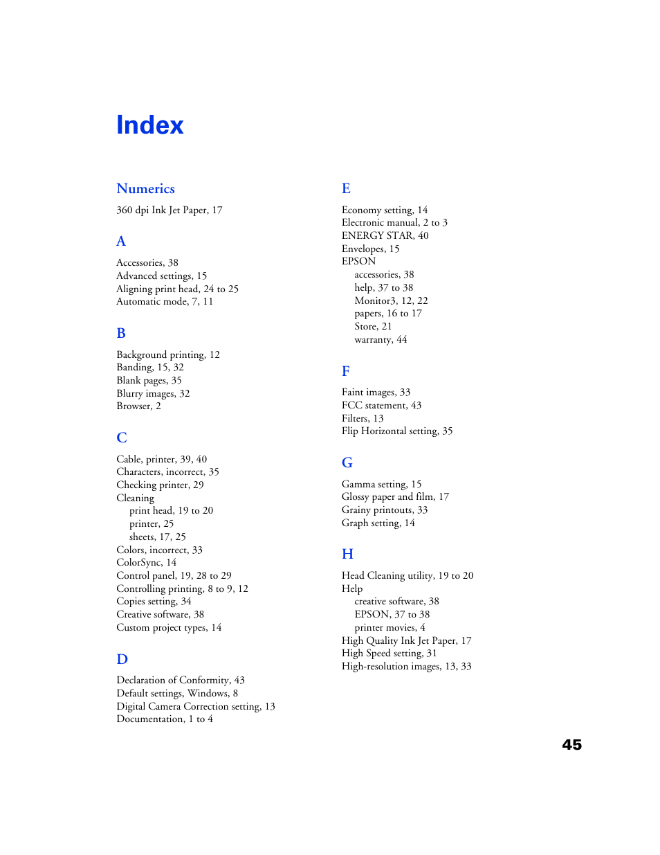 Index, Index 45 | Epson 777 User Manual | Page 49 / 53