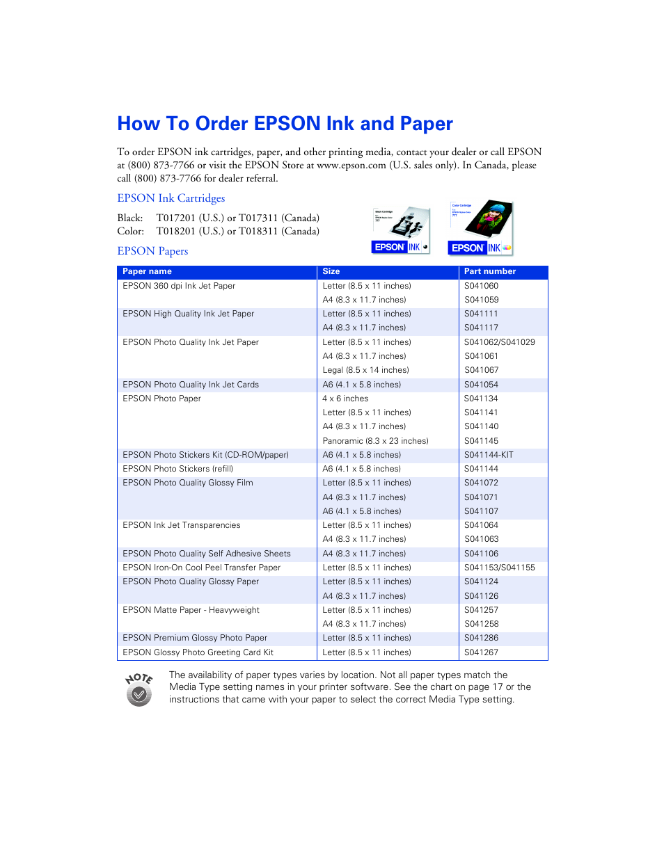 How to order epson ink and paper, Epson ink cartridges, Epson papers | Epson 777 User Manual | Page 53 / 53