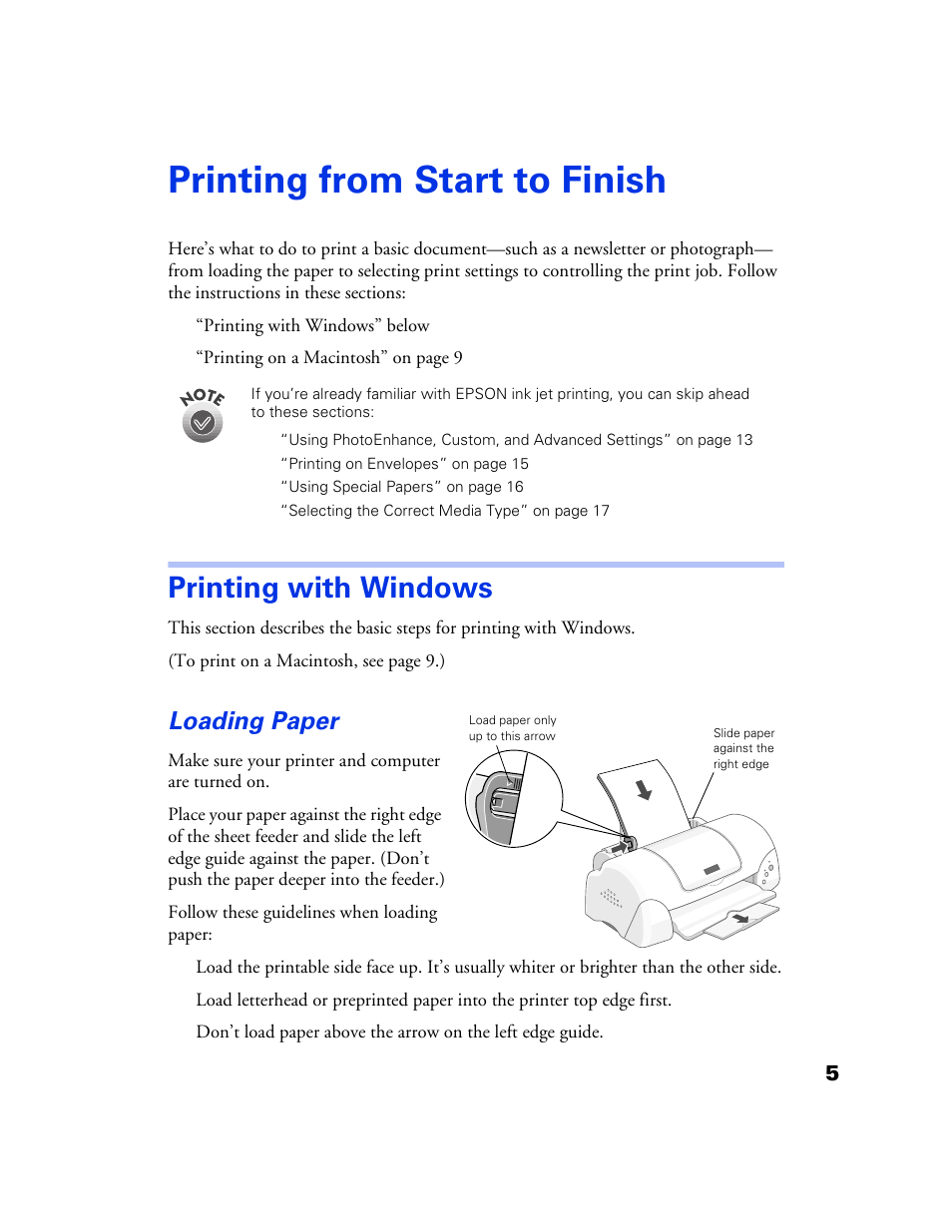 Printing from start to finish, Printing with windows, Loading paper | Epson 777 User Manual | Page 9 / 53