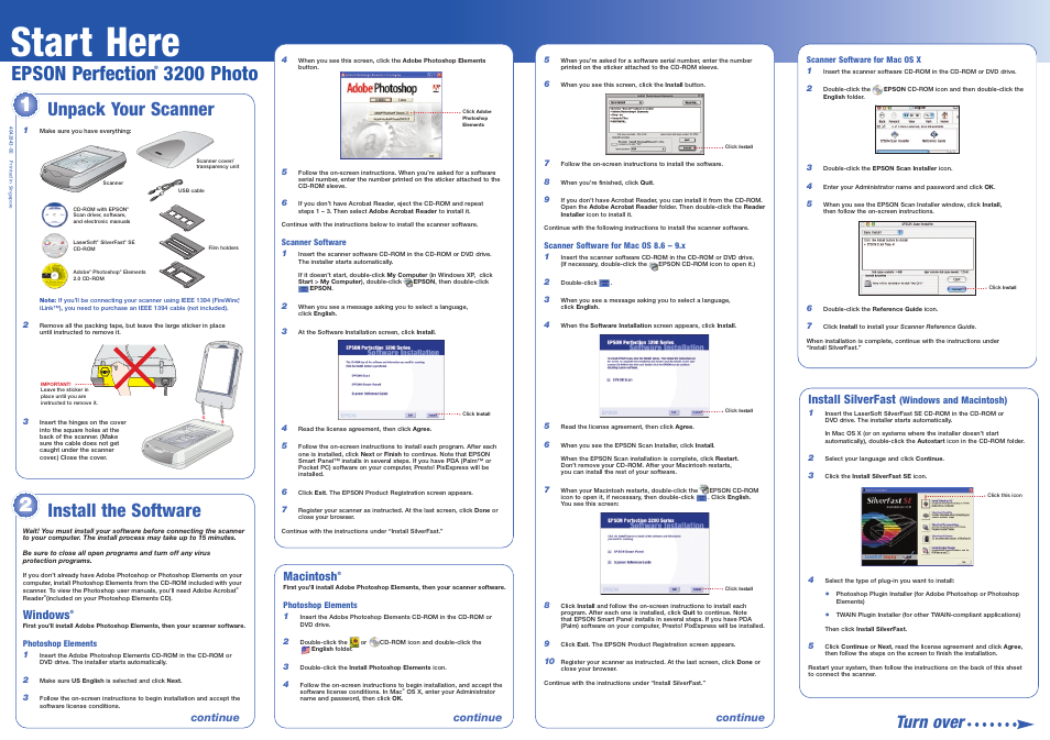 Scanner software for mac os 8.6 – 9.x, Start here, Epson perfection | 3200 photo, Unpack your scanner turn over, Install the software, Windows, Macintosh, Install silverfast, Continue | Epson Perfection Photo 3200 User Manual | Page 3 / 8