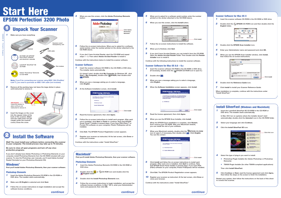 Scanner software for mac os x, Install silverfast (windows and macintosh), Start here | Epson perfection, 3200 photo, Unpack your scanner, Install the software, Windows, Macintosh, Install silverfast | Epson Perfection Photo 3200 User Manual | Page 4 / 8