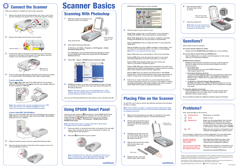 Placing film on the scanner, Scanner basics, Using epson smart panel | Questions, Connect the scanner placing film on the scanner, Problems, Scanning with photoshop, Continue | Epson Perfection Photo 3200 User Manual | Page 7 / 8