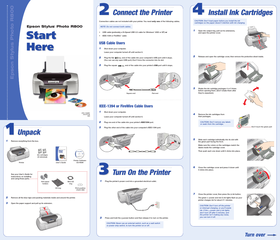 Connect the connect the printer, Usb cable users, Ieee-1394 or firewire cable users | Turn on the turn on the printer, Start here, Unpack, Unpack turn on the printer turn on the printer, Connect the printer, Install ink cartridges, Turn over | Epson STYLUS PHOTO R800 User Manual | Page 2 / 6