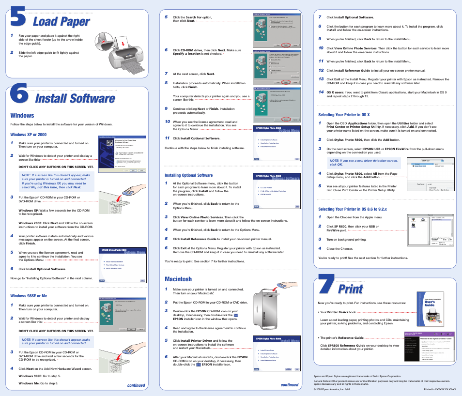 Load paper load paper, Install install software, Windows | Windows xp or 2000, Windows 98se or me, Load paper, Install software, Print, Macintosh | Epson STYLUS PHOTO R800 User Manual | Page 4 / 6