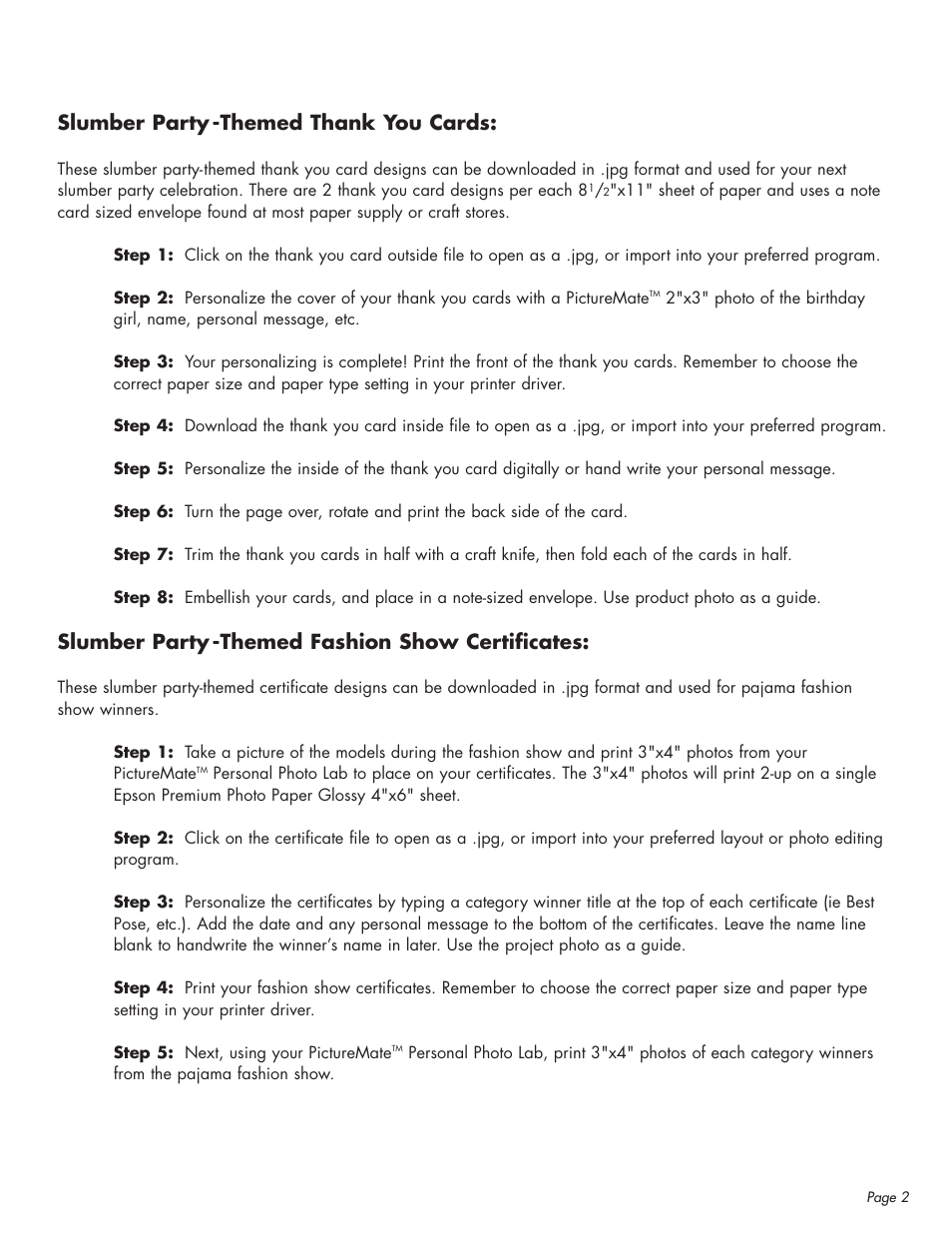 Slumber party -themed fashion show certificates | Epson PictureMate 239 User Manual | Page 2 / 3