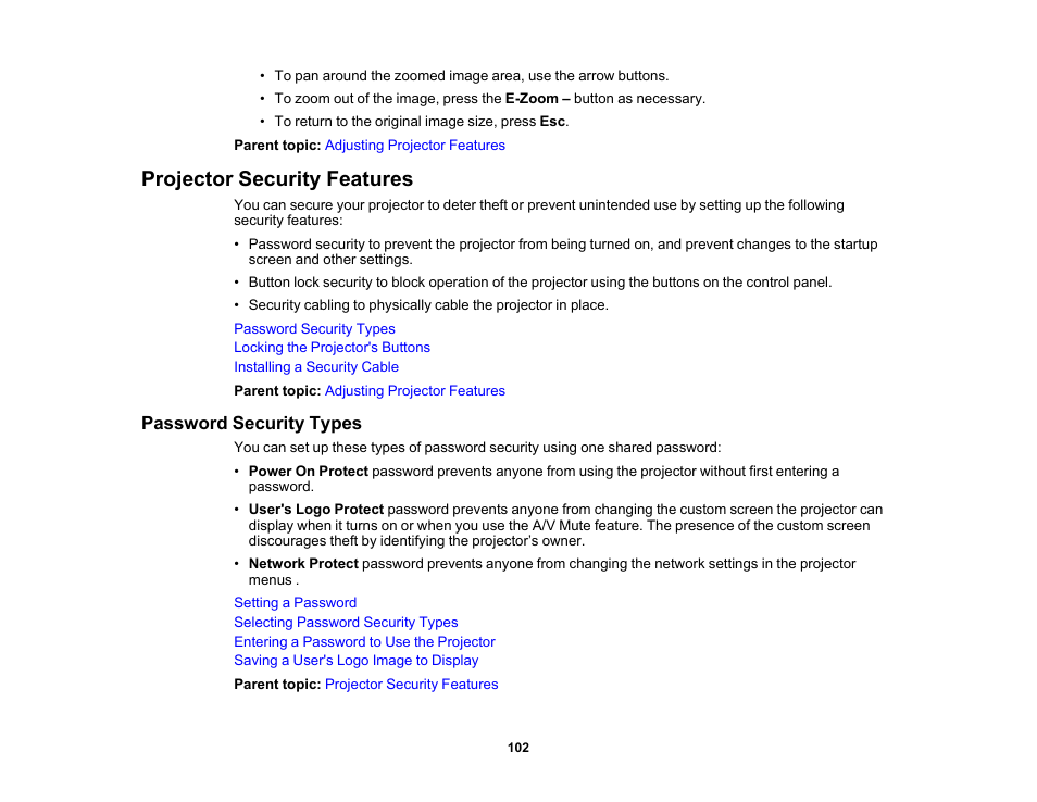 Projector security features, Password security types | Epson 485Wi User Manual | Page 102 / 259