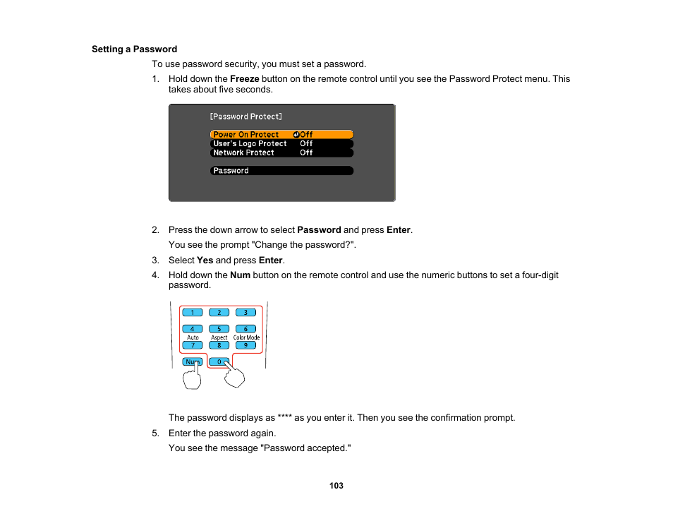 Setting a password | Epson 485Wi User Manual | Page 103 / 259