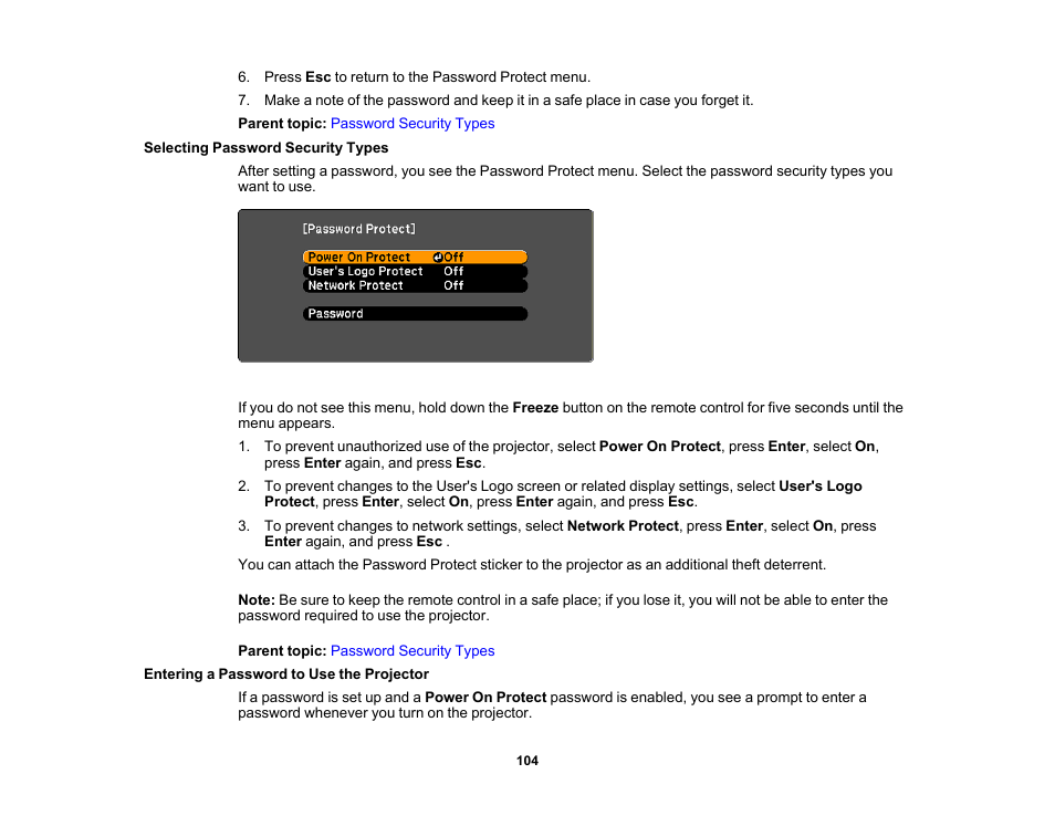 Selecting password security types, Entering a password to use the projector | Epson 485Wi User Manual | Page 104 / 259