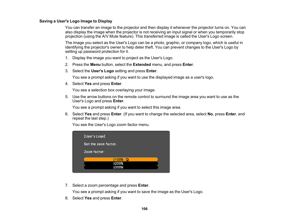 Saving a user's logo image to display | Epson 485Wi User Manual | Page 106 / 259