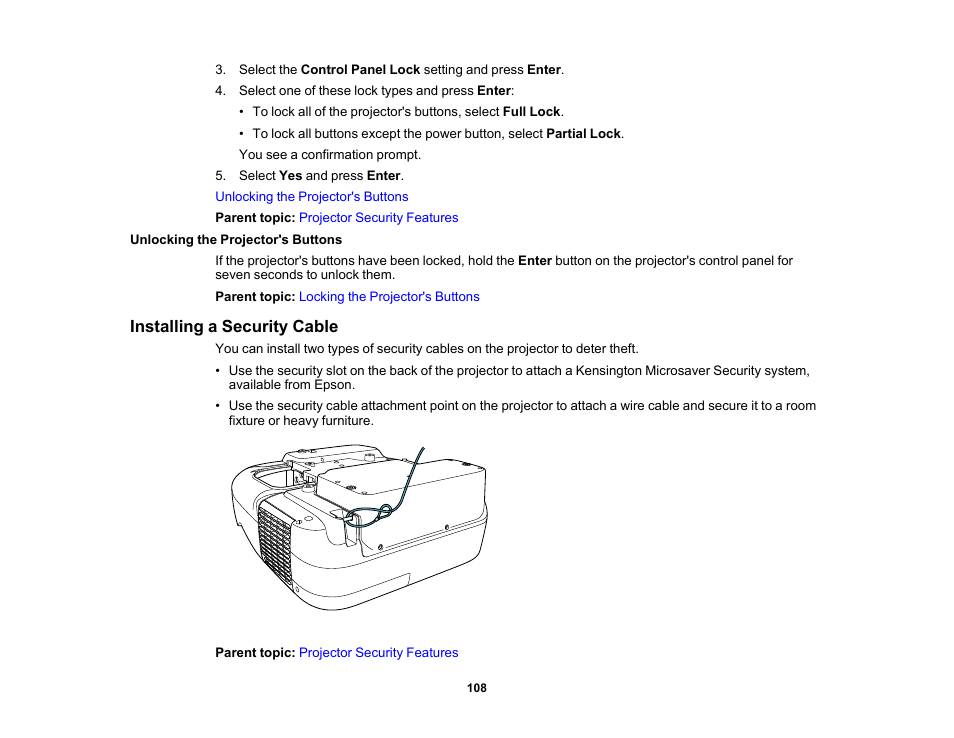Unlocking the projector's buttons, Installing a security cable | Epson 485Wi User Manual | Page 108 / 259