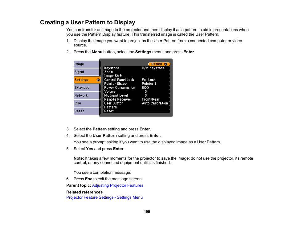 Creating a user pattern to display | Epson 485Wi User Manual | Page 109 / 259