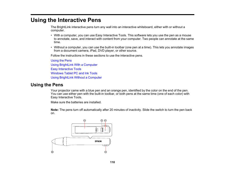 Using the interactive pens, Using the pens | Epson 485Wi User Manual | Page 110 / 259