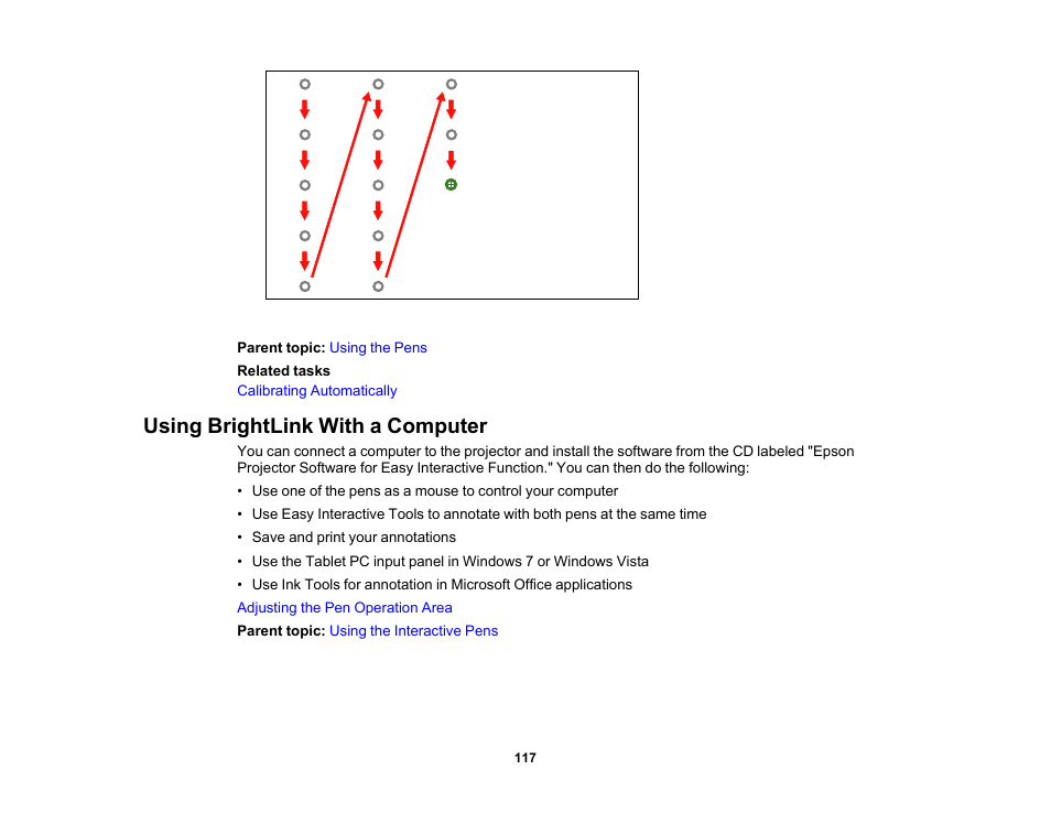 Using brightlink with a computer | Epson 485Wi User Manual | Page 117 / 259