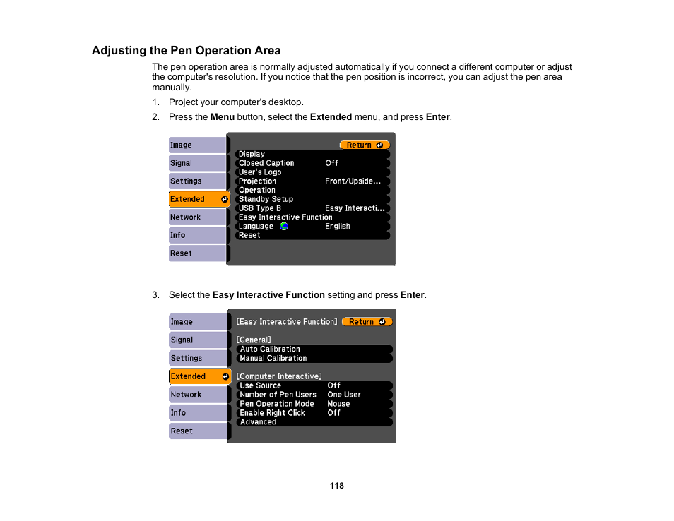 Adjusting the pen operation area | Epson 485Wi User Manual | Page 118 / 259