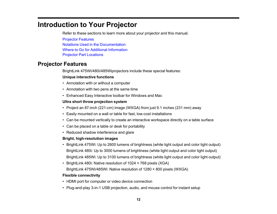 Introduction to your projector, Projector features | Epson 485Wi User Manual | Page 12 / 259
