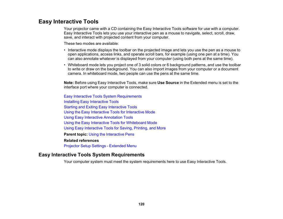 Easy interactive tools, Easy interactive tools system requirements | Epson 485Wi User Manual | Page 120 / 259