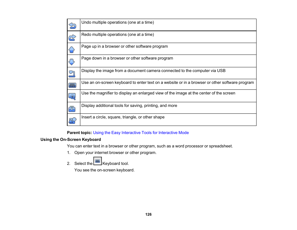 Using the on-screen keyboard | Epson 485Wi User Manual | Page 126 / 259