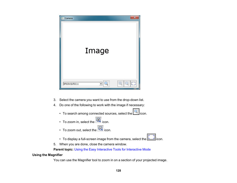 Using the magnifier | Epson 485Wi User Manual | Page 128 / 259