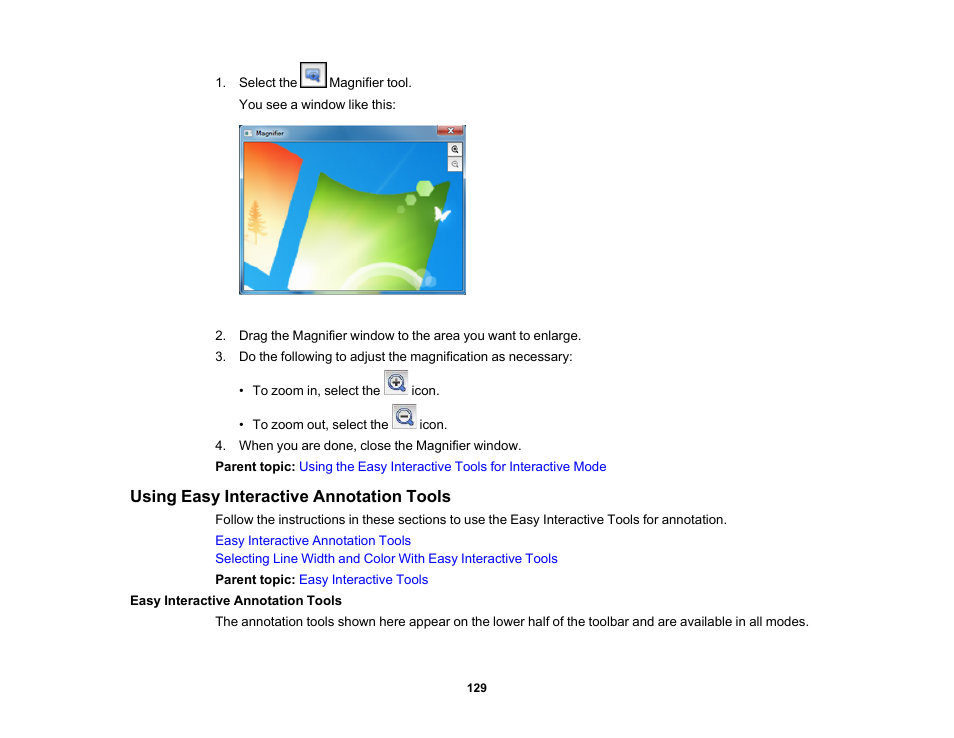 Using easy interactive annotation tools, Easy interactive annotation tools | Epson 485Wi User Manual | Page 129 / 259