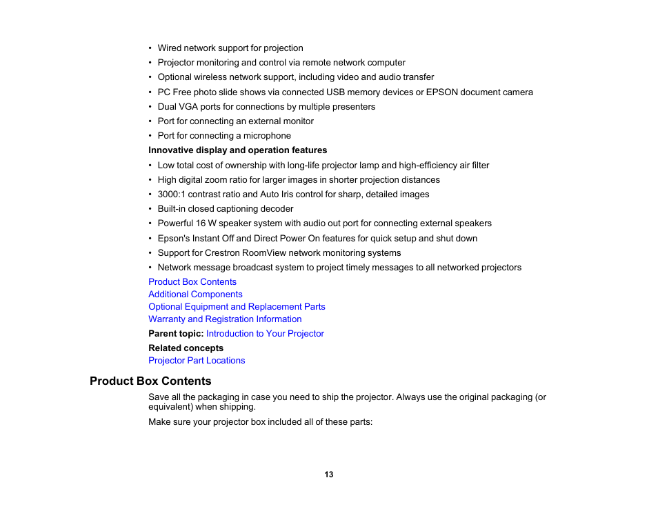 Product box contents | Epson 485Wi User Manual | Page 13 / 259