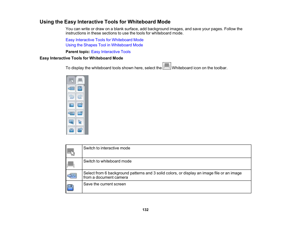 Easy interactive tools for whiteboard mode | Epson 485Wi User Manual | Page 132 / 259