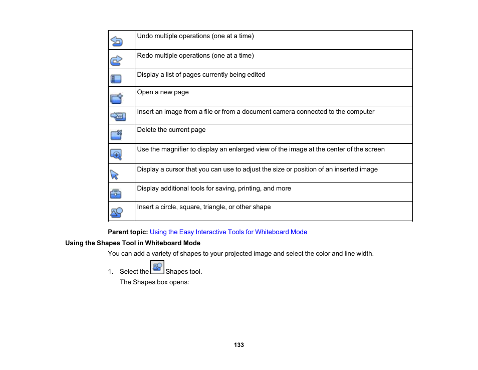 Using the shapes tool in whiteboard mode | Epson 485Wi User Manual | Page 133 / 259