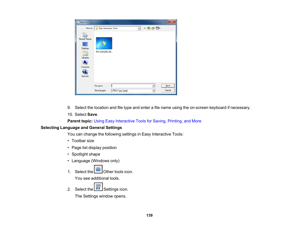 Selecting language and general settings | Epson 485Wi User Manual | Page 139 / 259