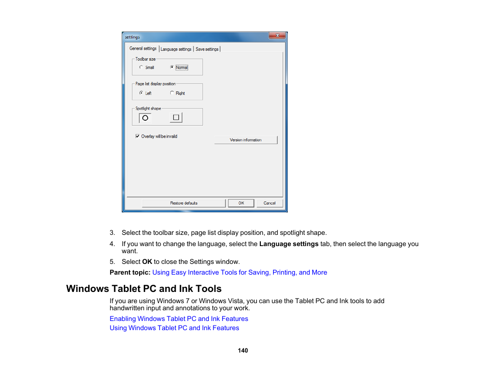 Windows tablet pc and ink tools | Epson 485Wi User Manual | Page 140 / 259