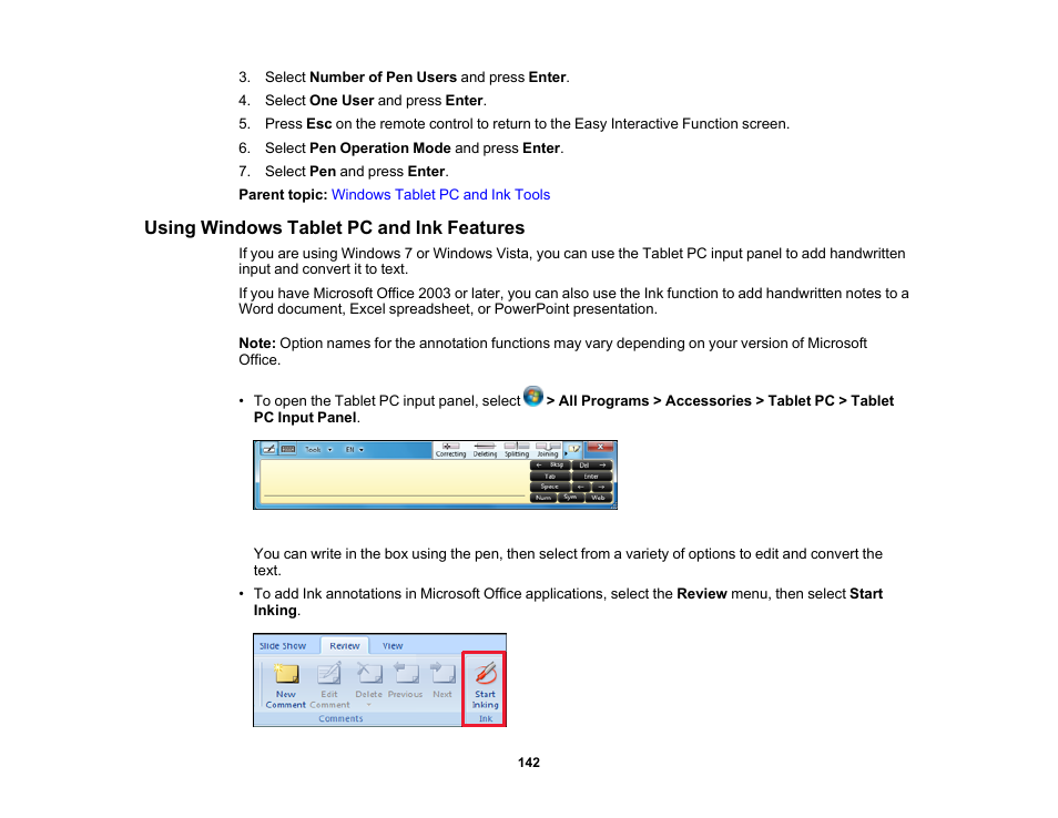 Using windows tablet pc and ink features | Epson 485Wi User Manual | Page 142 / 259