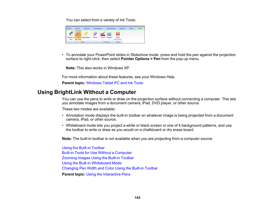 Using brightlink without a computer | Epson 485Wi User Manual | Page 143 / 259