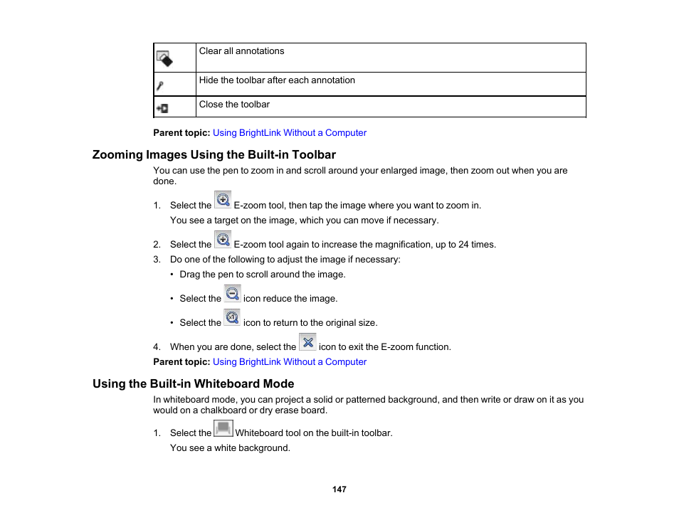 Zooming images using the built-in toolbar, Using the built-in whiteboard mode | Epson 485Wi User Manual | Page 147 / 259