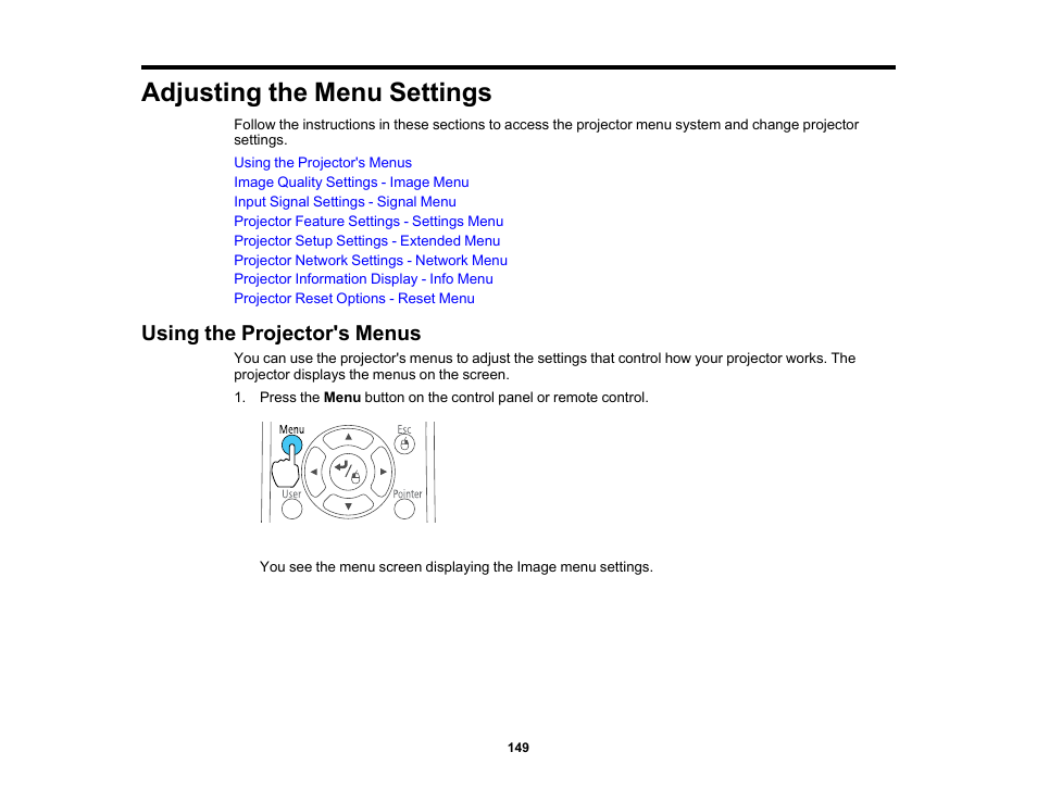 Adjusting the menu settings, Using the projector's menus | Epson 485Wi User Manual | Page 149 / 259