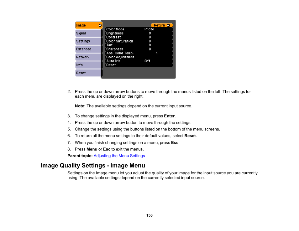 Image quality settings - image menu | Epson 485Wi User Manual | Page 150 / 259