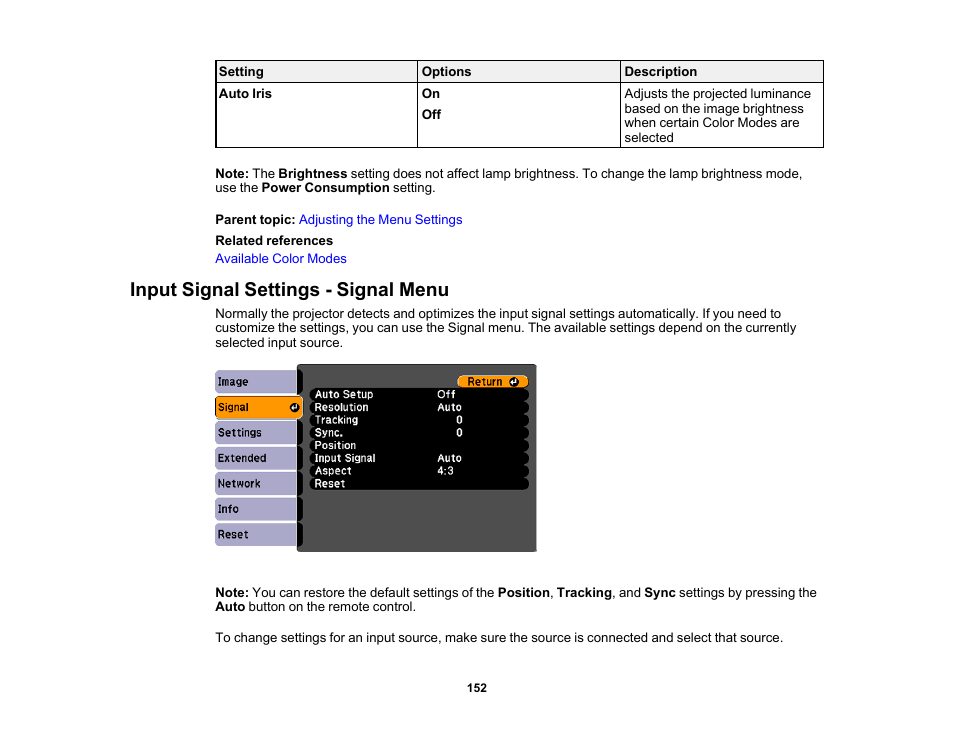 Input signal settings - signal menu | Epson 485Wi User Manual | Page 152 / 259