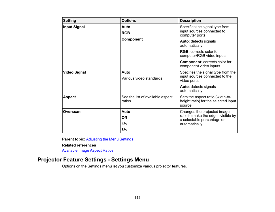 Projector feature settings - settings menu | Epson 485Wi User Manual | Page 154 / 259