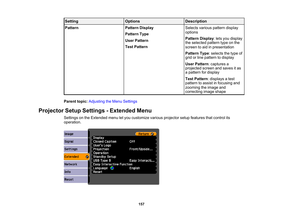 Projector setup settings - extended menu | Epson 485Wi User Manual | Page 157 / 259