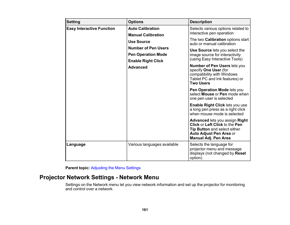 Projector network settings - network menu | Epson 485Wi User Manual | Page 161 / 259
