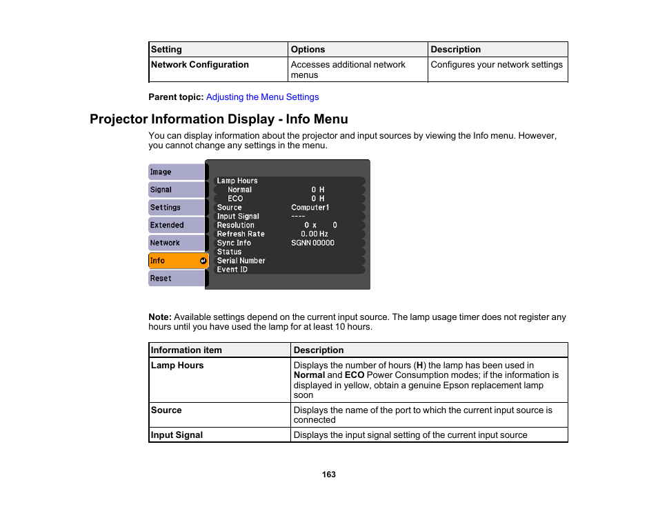 Projector information display - info menu | Epson 485Wi User Manual | Page 163 / 259