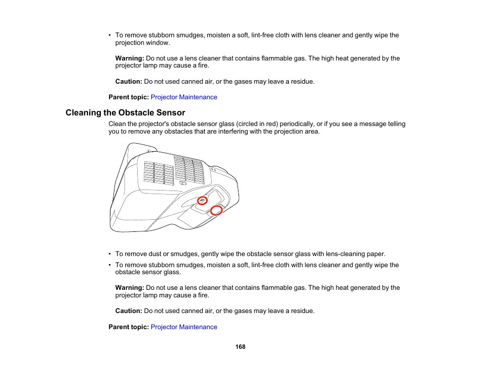 Cleaning the obstacle sensor | Epson 485Wi User Manual | Page 168 / 259