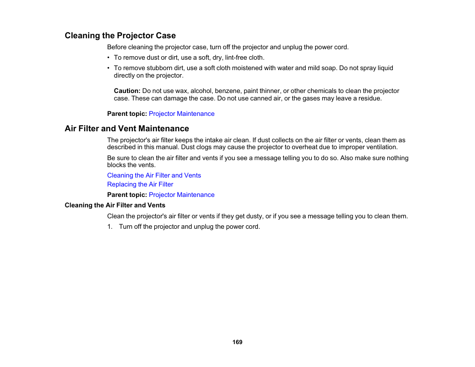 Cleaning the projector case, Air filter and vent maintenance, Cleaning the air filter and vents | Epson 485Wi User Manual | Page 169 / 259