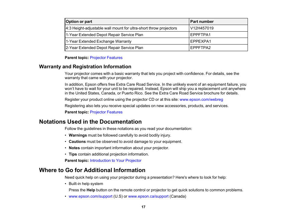 Warranty and registration information, Notations used in the documentation, Where to go for additional information | Epson 485Wi User Manual | Page 17 / 259