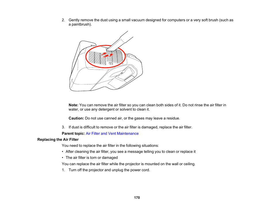 Replacing the air filter | Epson 485Wi User Manual | Page 170 / 259